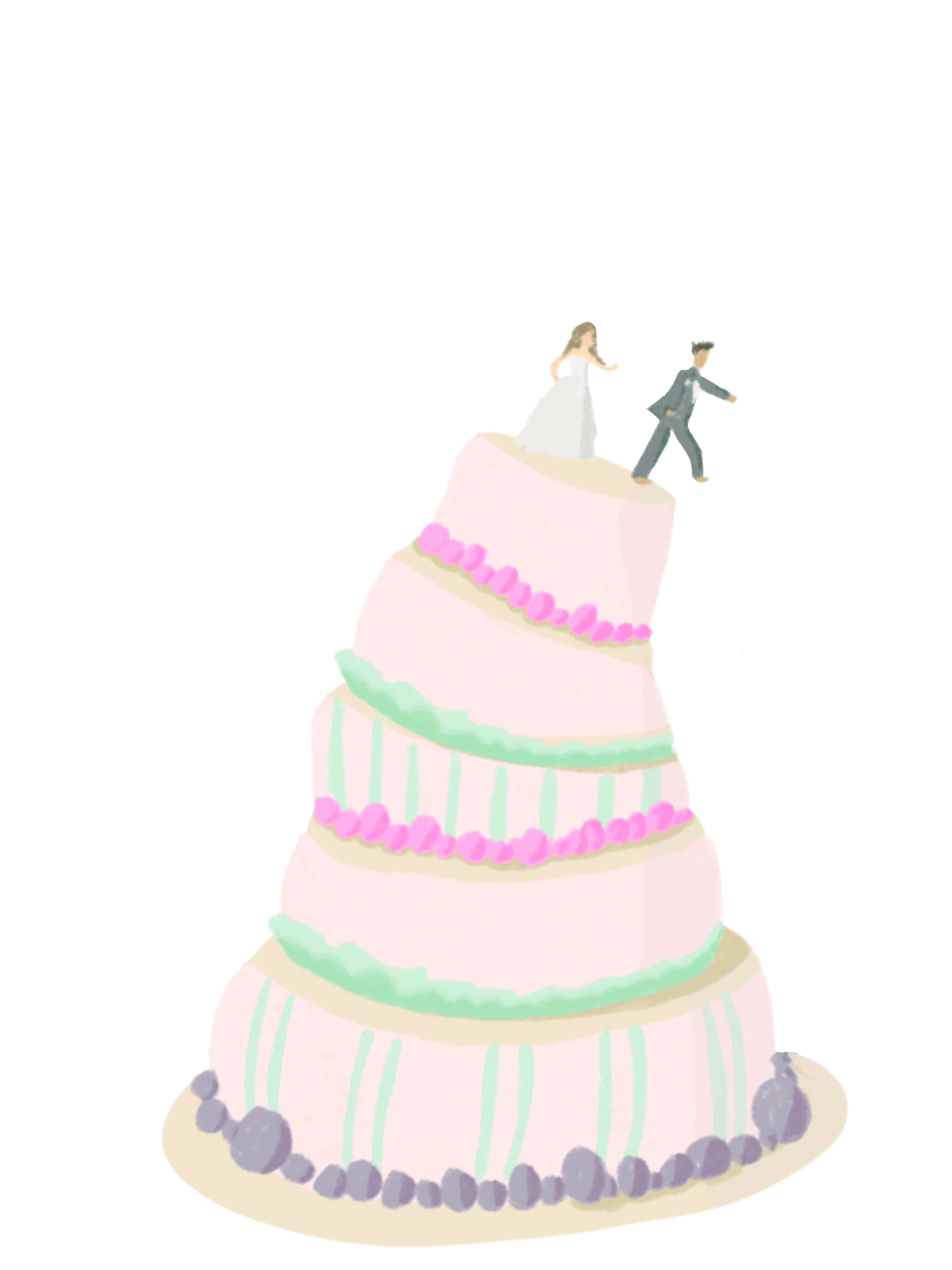 Cartoon wedding cake with a bridge and groom fighting on top. The title Much Ado About Nothing is above them.